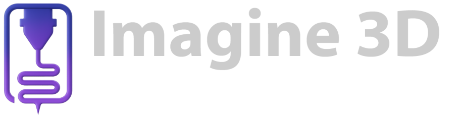 Imagine 3D-logotyp – 3D-skrivarmunstycke i lila, texten 'Imagine 3D' och sloganen 'Från idé till verklighet – i 3D.